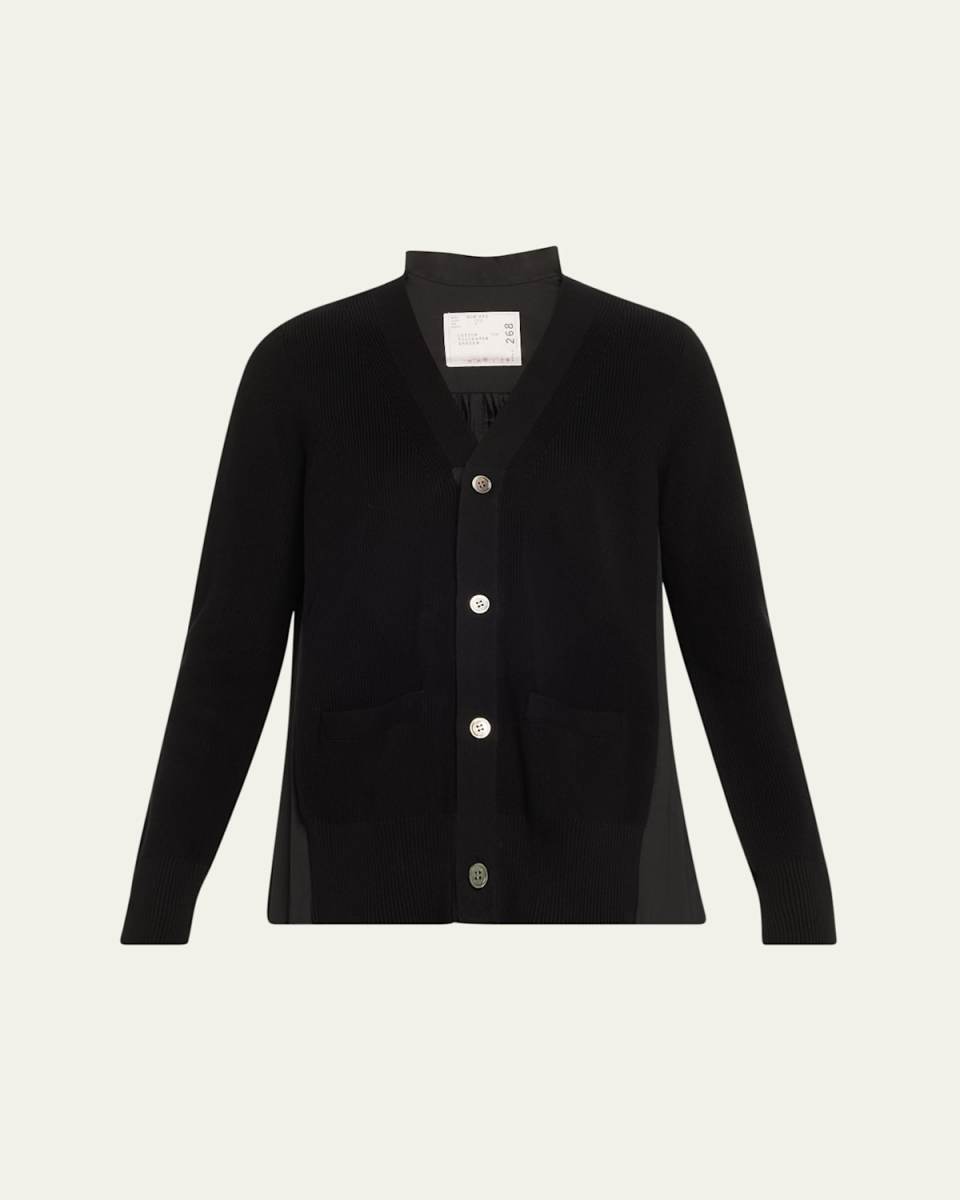 Pleated-Back Knit Button Down Cardigan